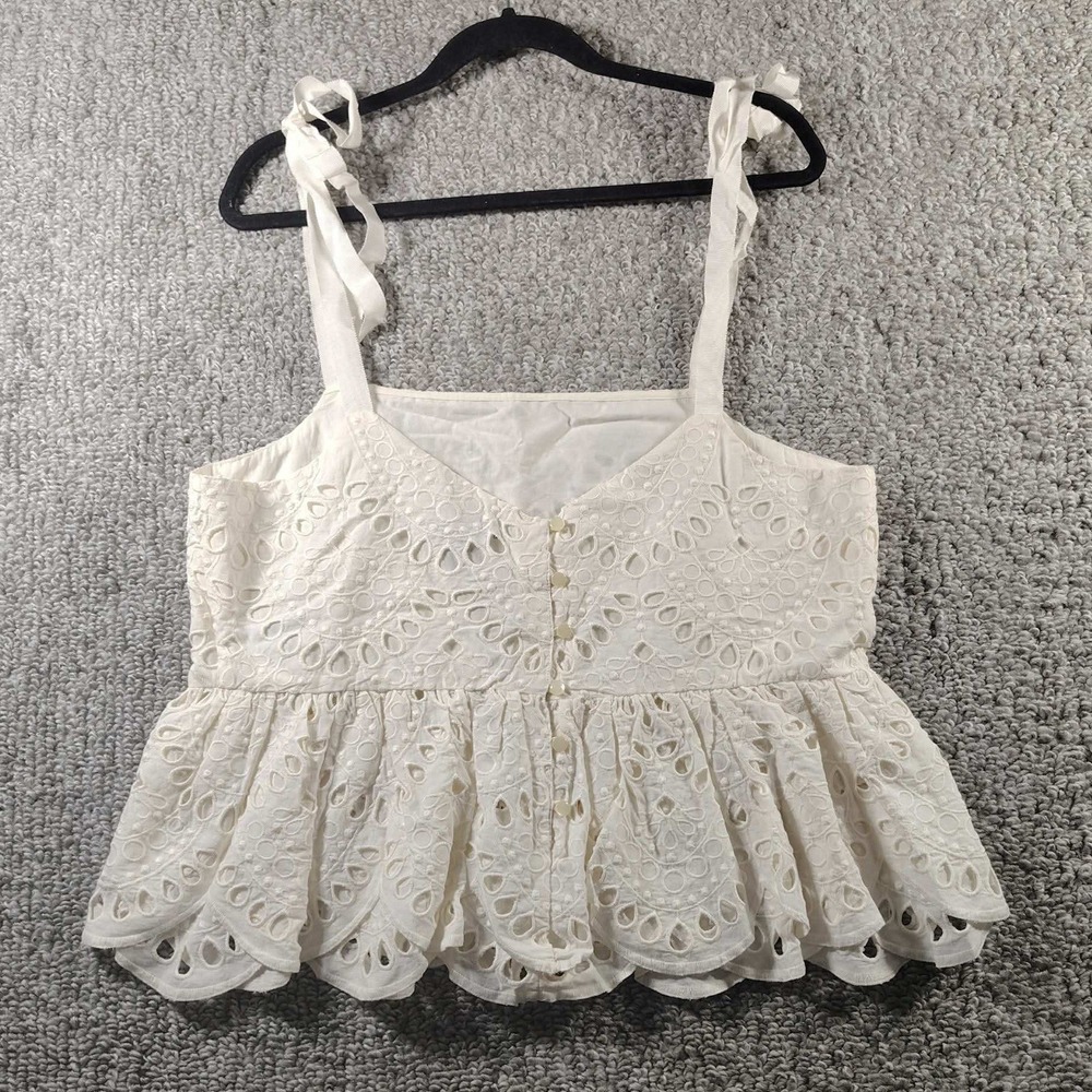 J.Crew Eyelet Peplum Top Ivory Tie Shoulder Cottagecore Boho Women 14